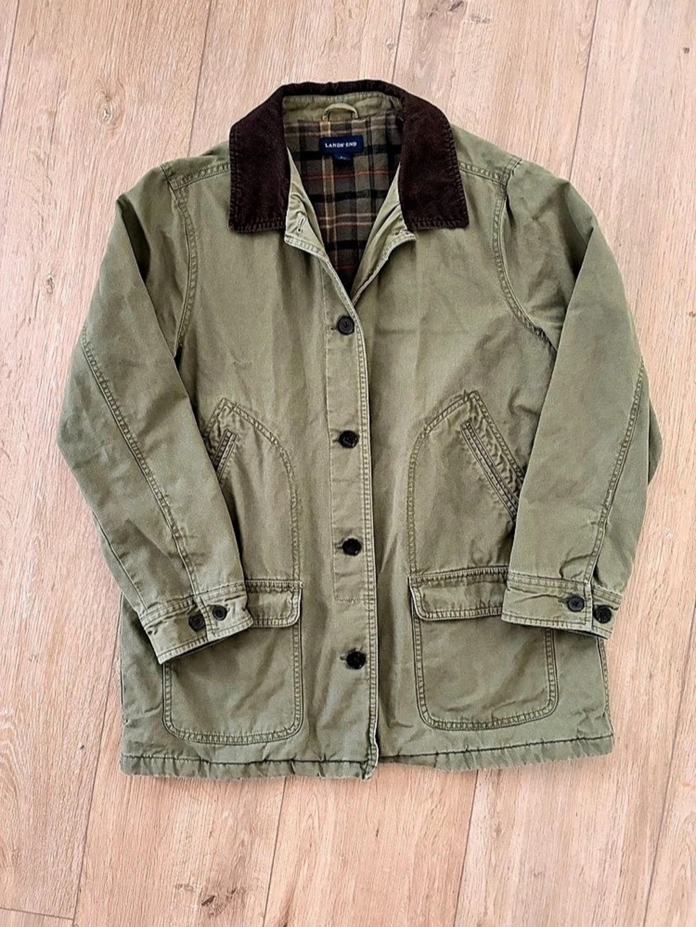 Lands' End Barn Jacket Plaid Lined Olive Large